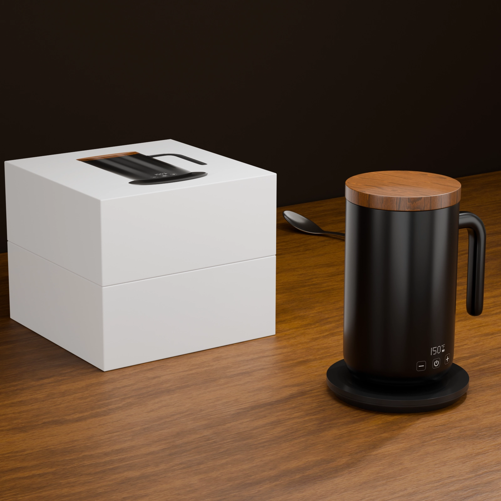 Product render of an insulated cup with packaging