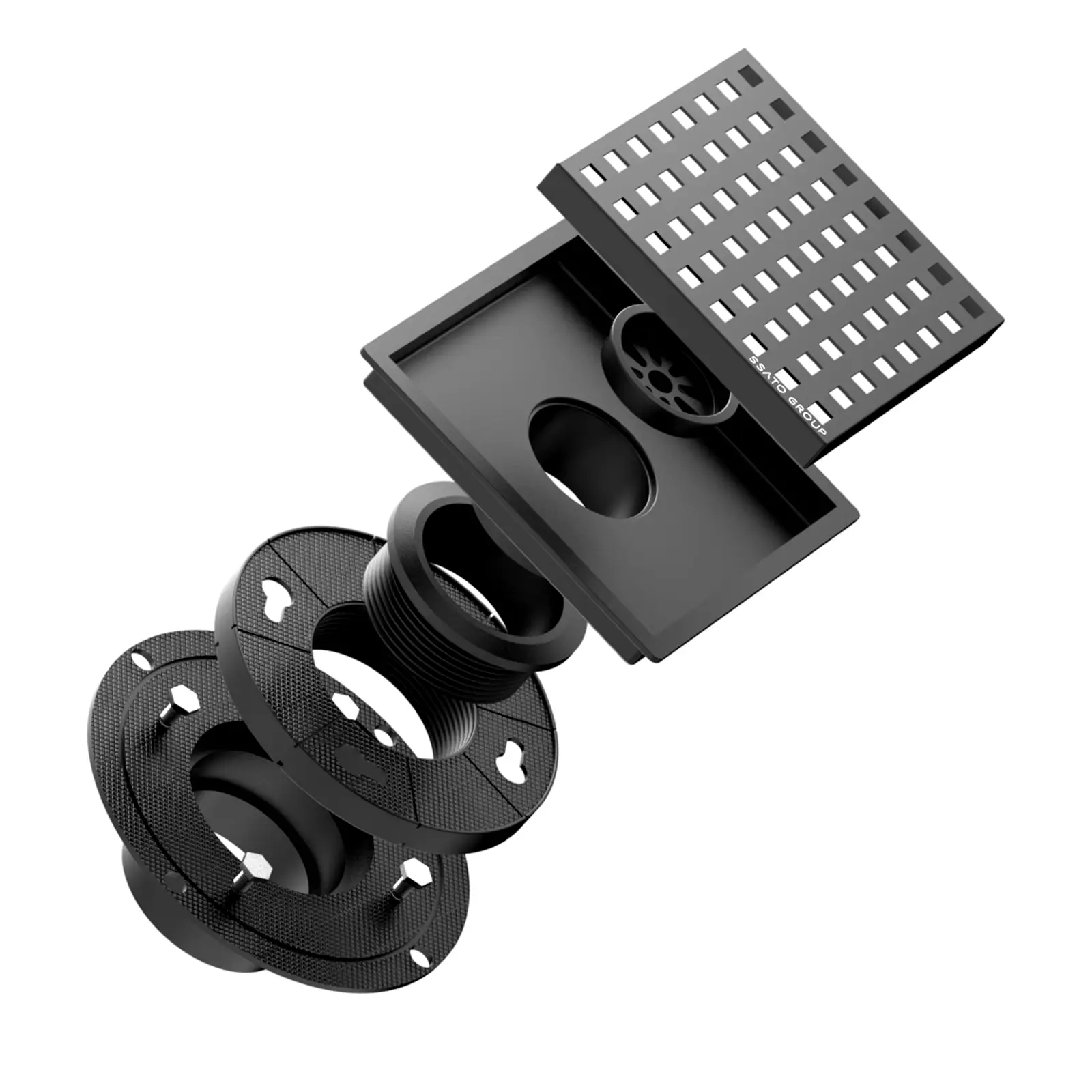 Exploded assembly render of a fixture with all parts separated