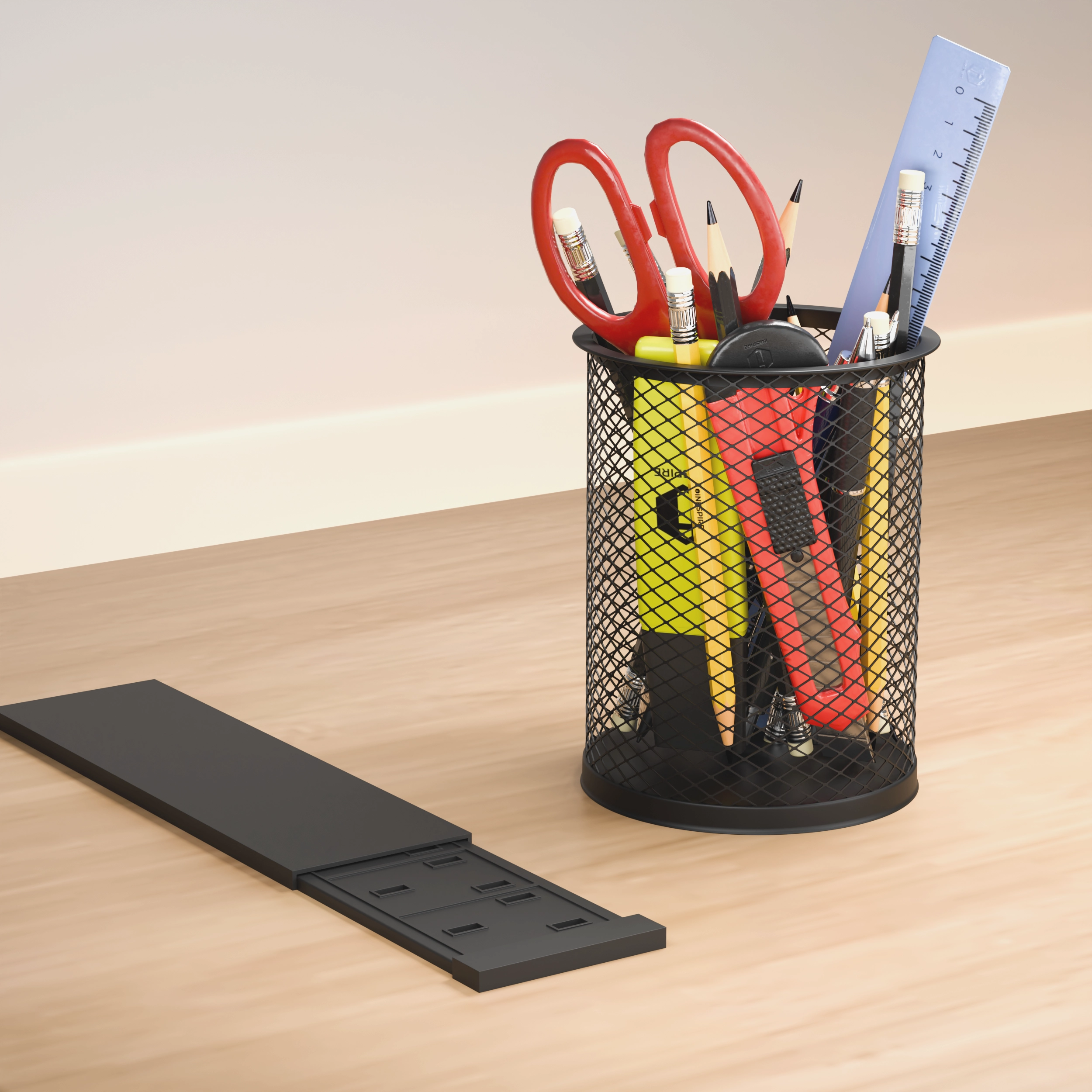 Lifestyle render of a desk organizer staged in an office